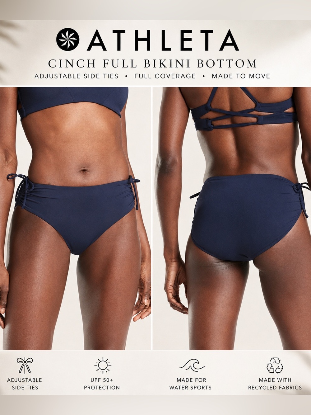 Athleta Cinch Full Bikini Bottom Navy Side Tie Adjustable UPF 50+